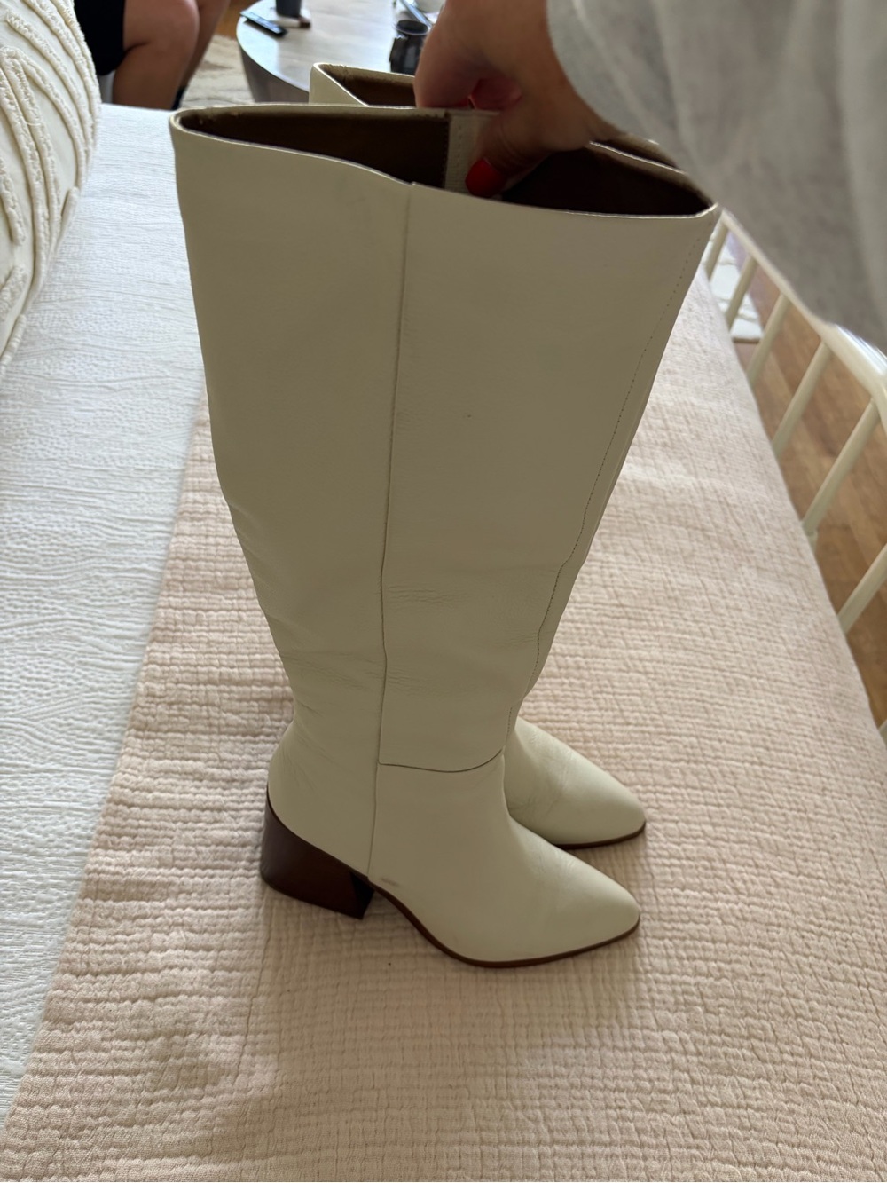 Dolce Vita Cream Knee-High Leather Boots with Brown Heel